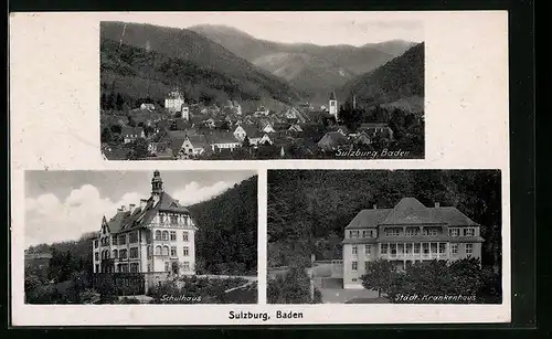 AK Sulzburg /Baden, Schulhaus, Städt. Krankenhaus, Ortsansicht aus der Vogelschau
