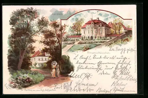 Lithographie Ansbach, Partie im Kgl. Hofgarten und Prinzenschlösschen