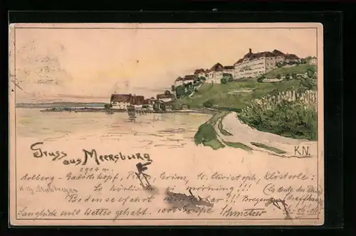 Lithographie Meersburg, Gesamtansicht mit Ufer