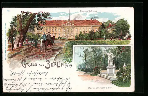 Lithographie Berlin-Tiergarten, Schloss Bellevue, Denkmal Albrecht d. Bär