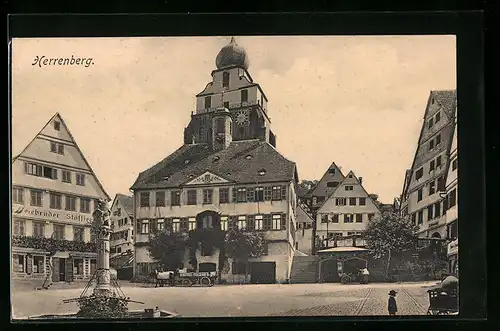 AK Herrenberg, Platz mit Gasthaus der Gebrüder Stöffler und Brunnen