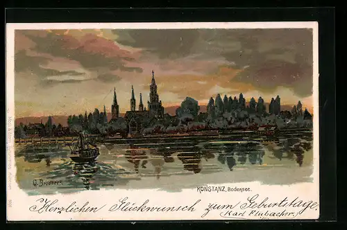 Lithographie Konstanz /Bodensee, Idyllische Ortsansicht vom Wasser aus