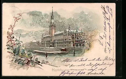Lithographie Hamburg, Blick auf Rathaus im Winter