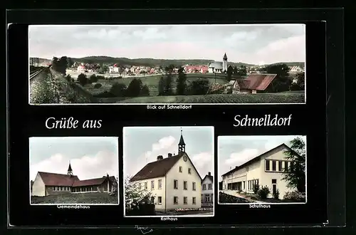 AK Schnelldorf ü. Ansbach, Gesamtansicht mit Gemeindehaus, Rathaus und Schulhaus6