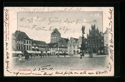 AK Greifswald, Markt mit Marienkirche