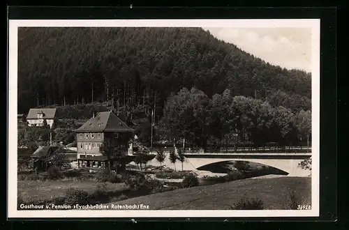 AK Neuenbürg, Gasthaus-Pension Eyachbrücke, mit Brücke und Wald