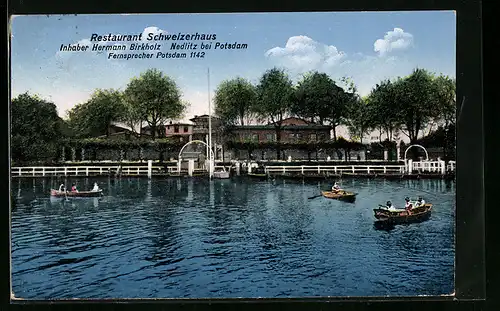 AK Nedlitz bei Potsdam, Restaurant Schweizerhaus H. Birkholz mit Bootspartie
