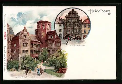 Lithographie Heidelberg, Gasthaus Zum Ritter, Schloss Otto Heinrich-Bau