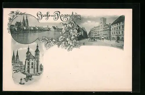 Lithographie Regensburg, Panorama, Strassenpartie, Kirchen