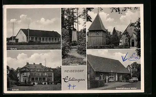 AK Eldingen, Geschäftshaus Müller, Kirche, Schule