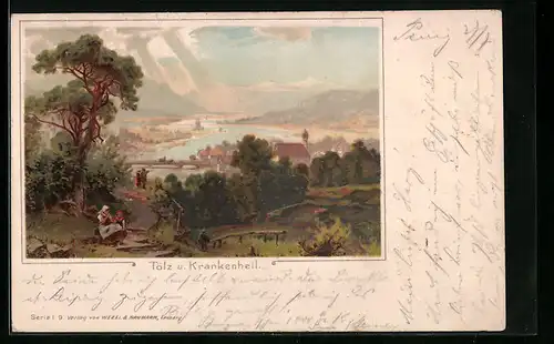 Lithographie Tölz, Sicht auf Tölz und Krankenheil