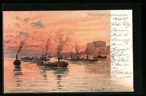 Lithographie Mannheim, Hafen in der Abendsonne