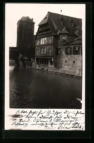 AK Wassertrüdingen, Wasserpartie mit Blick auf ein altes Gebäude
