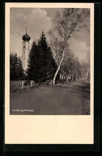 AK Ludwigsmoos, Strasse mit Kirche
