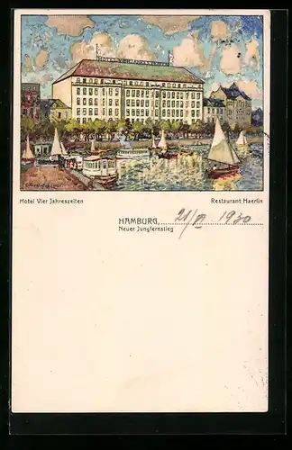 Lithographie Hamburg-Neustadt, Hotel Vier Jahreszeiten, Neuer Jungfernstieg