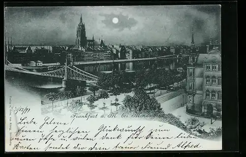 Mondschein-AK Frankfurt a. M., Ortsansicht bei Vollmond