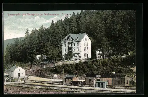AK Flossplatz b. Wolkenstein, Warmbad Flossplatz und Häuser am Berg