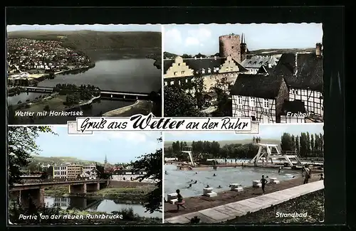 AK Wetter a. d. Ruhr, Totalansicht, Strandbad, Partie and der neuen Ruhrbrücke, Harkortsee