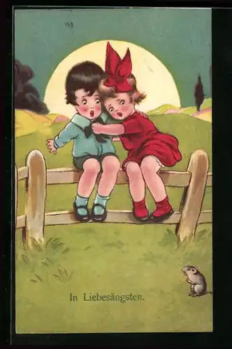 AK Kleines Paar erschreckt sich vor einer Maus bei Vollmond