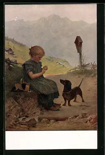 AK Mädchen und Dackel bei einer Rast in den Bergen