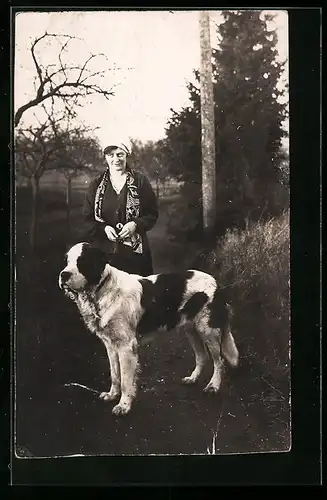 AK Junge Dame und Bernhardiner auf einer Landstrasse