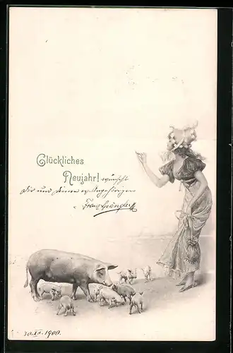 AK Junge Dame und Schwein mit Ferkeln, Neujahrsgruss