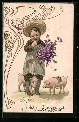 Lithographie Kleines Mädchen mit Blumen und zwei Ferkeln, Neujahrsgruss