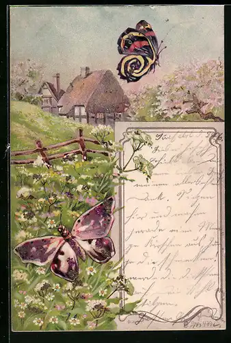 Lithographie Zwei bunte Schmetterlinge auf einer Frühlingswiese, Glitter