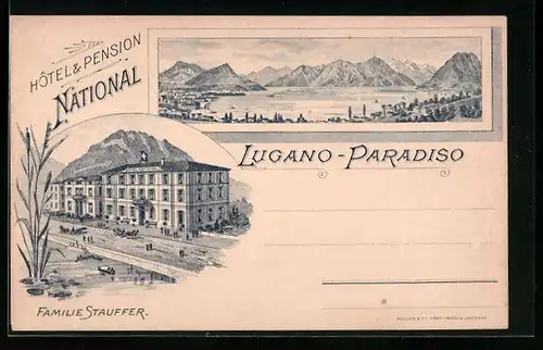 Lithographie Lugano-Paradiso, Hotel Pension National, Panorama