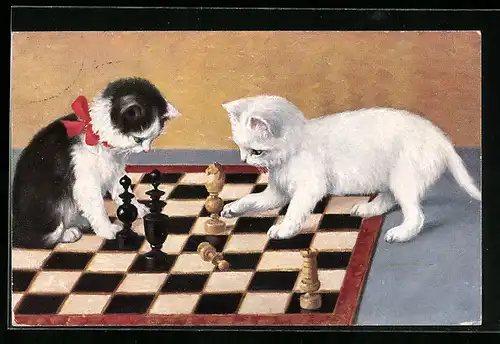 Künstler-AK Kätzchen beim Schach Spiel