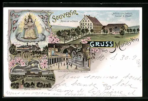 Lithographie Mariastein, Hotel zum Kreuz, Kloster, Gnadenbild, Ruine Landskron