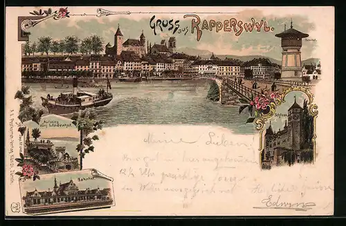 Lithographie Rapperswyl, Aufsteig zum Lindenhof, Bahnhof, Schloss