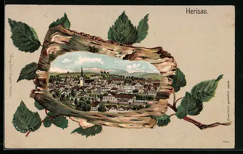 Präge-AK Herisau, Gesamtansicht, Birkenrinde
