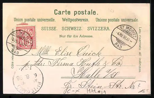 Lithographie Maloja, Silser See, Sils Maria, Campfer und Piz la Margna