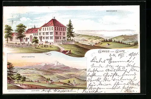 Lithographie Rehetobel, Hotel Gupf, Panorama mit Bodensee und Säntiskette