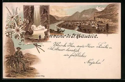 Lithographie St. Maurice, Crotte aux Fées, Gesamtansicht, Soldat mit Kanone