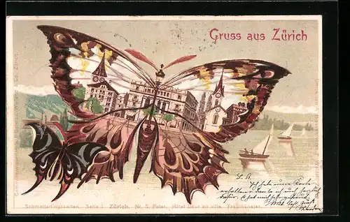 Lithographie Zürich, Turmgebäude und Kirche am See hinter durchsichtigem Schmetterling