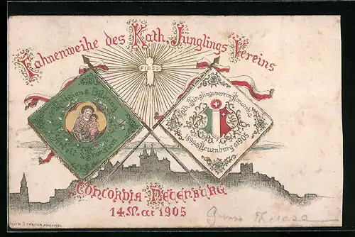 Lithographie Neuenburg, Fahnenweihe des Kath. Jünglings-Vereins Concordia Neuenburg 1905, Fahnen vor Ortspanorama
