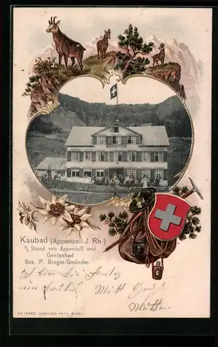 Passepartout-Lithographie Appenzell, Kurhaus Kaubad P. Broger-Gmünder, Bergziegen, Wappen