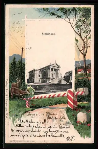 AK Winterthur, Partie am Stadthaus, Rehe am Schlagbaum