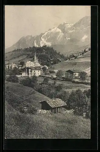 AK Mühlbach, Ortspartie mit Kirche gegen Hochkönig