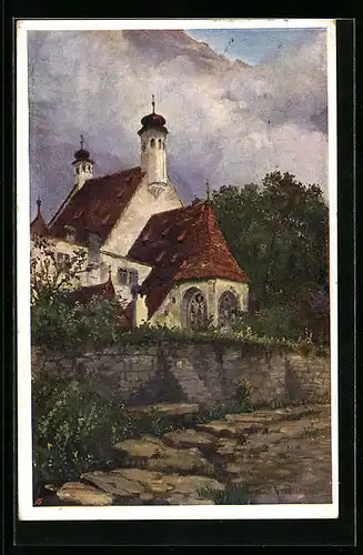 Künstler-AK Schwaz, Dorfpartie mit Kirche