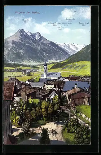 AK Fulpmes, Teilansicht mit Kirche, Blick auf Habicht und Zuckerhütl