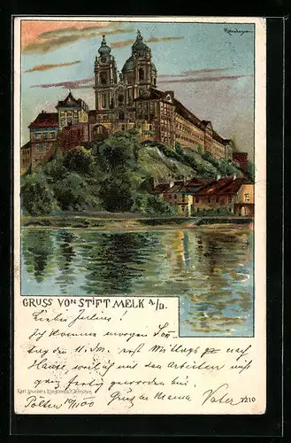 Lithographie Melk /Donau, Stift mit Doppelturm