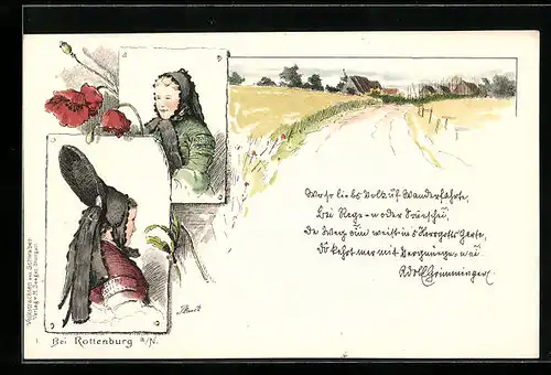 AK Rottenburg a. N., Frauen in schwäbischer Tracht mit schwarzer Haube