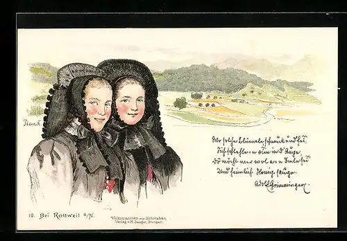 Lithographie Rottweil a. N., Zwei Mädchen in schwäbischer Tracht über Hügellandschaft