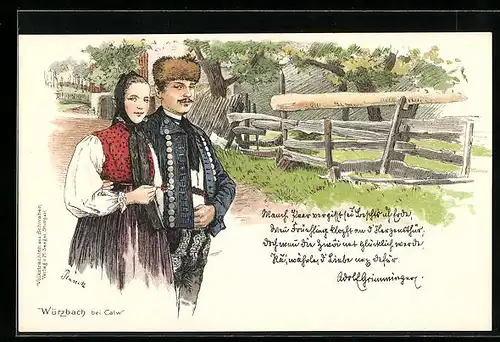 Lithographie Würzbach bei Calw, Leute in Tracht