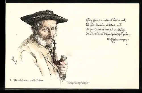 Lithographie Bernhausen, Alter Mann in Volkstracht aus Schwaben