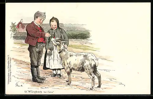 Lithographie Würzbach bei Calw, Kinder in Trachten füttern eine Ziege