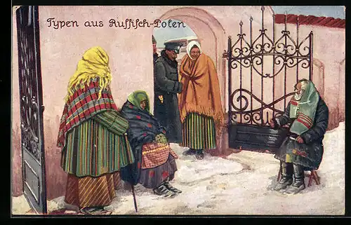 AK polnische Frauen und Mann im Schnee vor Tor mit deutschen Soldaten